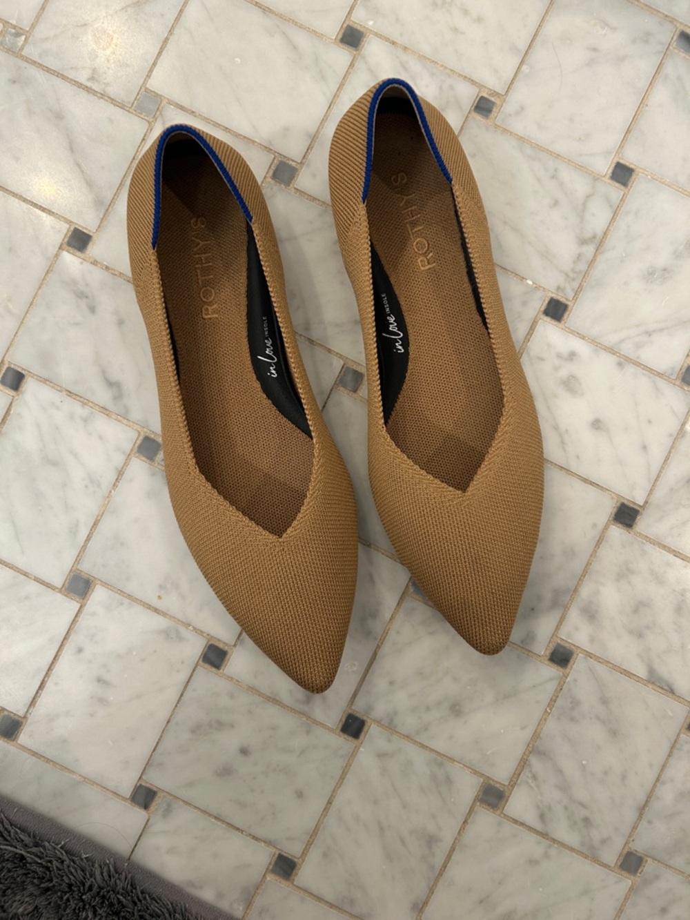 Rothy's the Point II (2) Knit Flats in Tan with Blue Trim